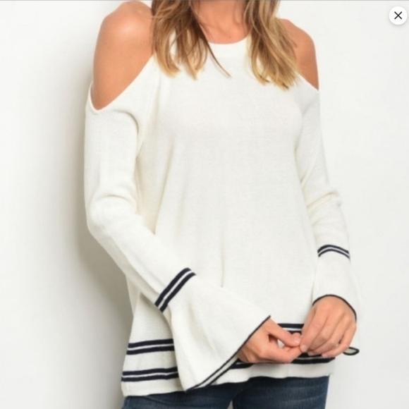 WILD HONEY Sweater Cold Shoulders White Navy Womens Sz S Nautical Charm Preppy - Picture 3 of 9
